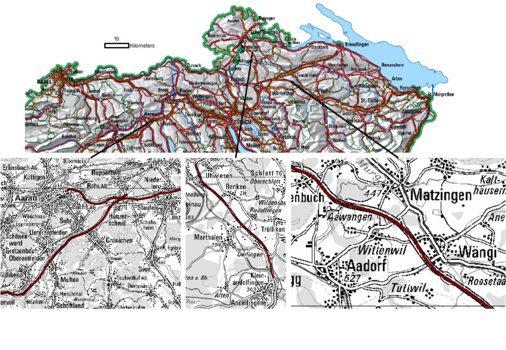 Fig. 1: Régions d’étude des deux côtés de tronçons autoroutiers sur le Plateau suisse (de gauche à droite): A1 près d’Aarau, A4 près d’Andelfingen et A1 près d’Aadorf.